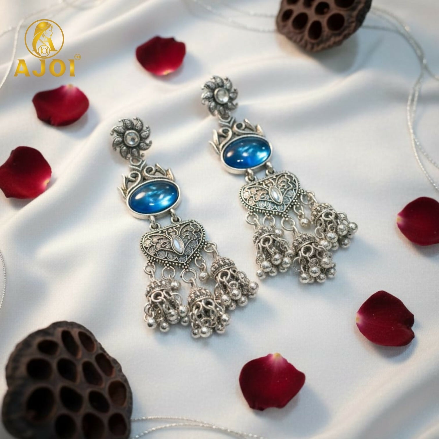 Oxidized Silver Turquoise Jhumka Earrings – Intricate Filigree Design