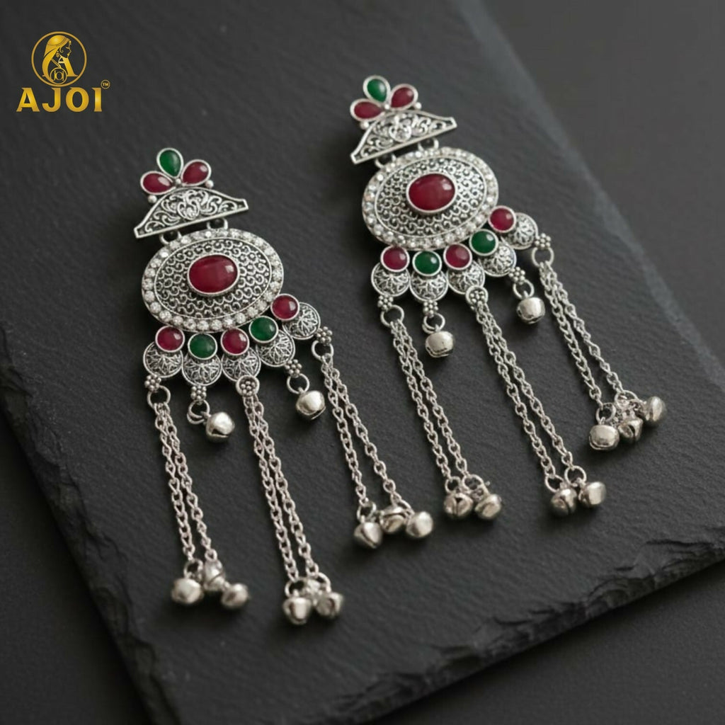 Kashmiri Oxidised Silver Long Earrings – Ethnic Floral Design