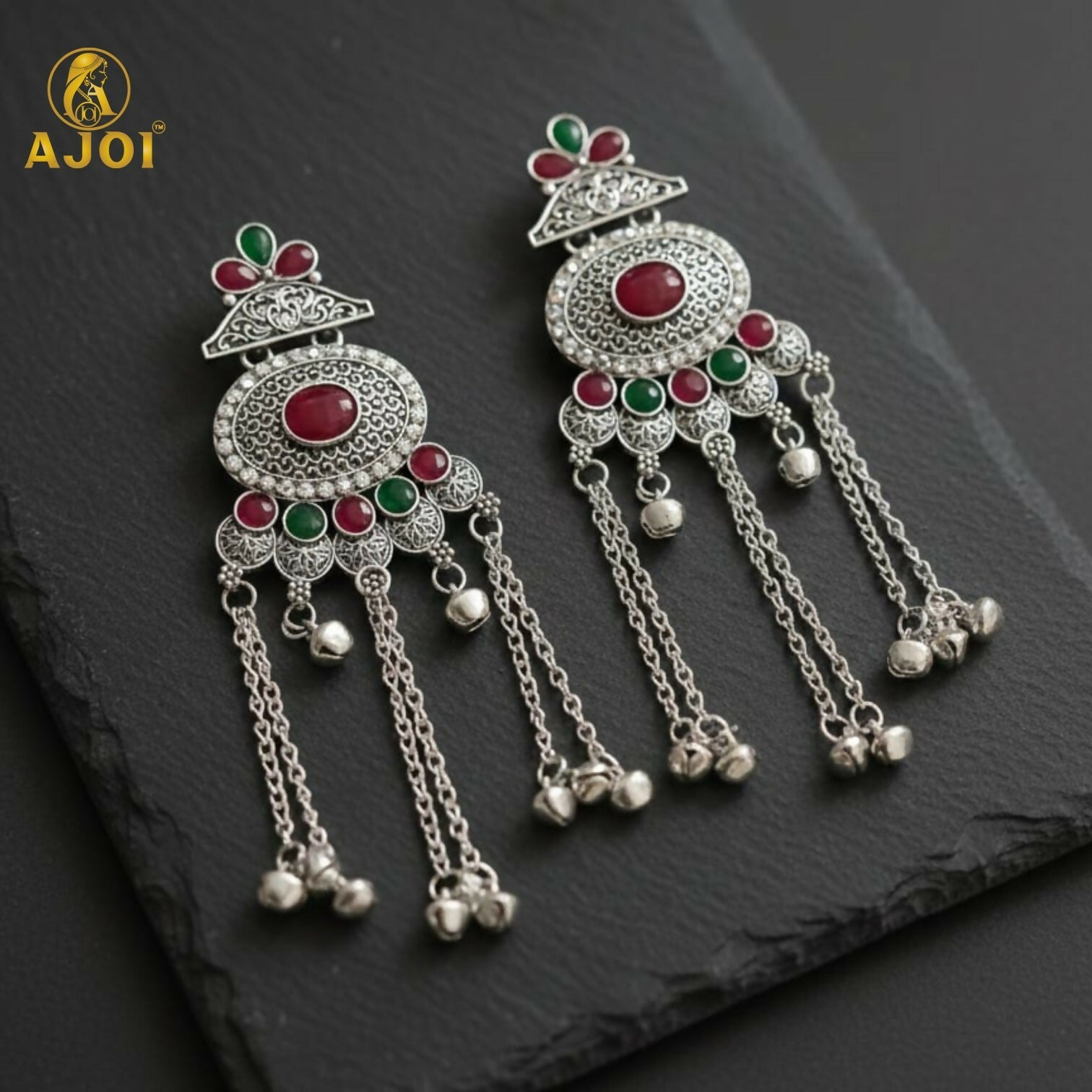 Kashmiri Oxidised Silver Long Earrings – Ethnic Floral Design