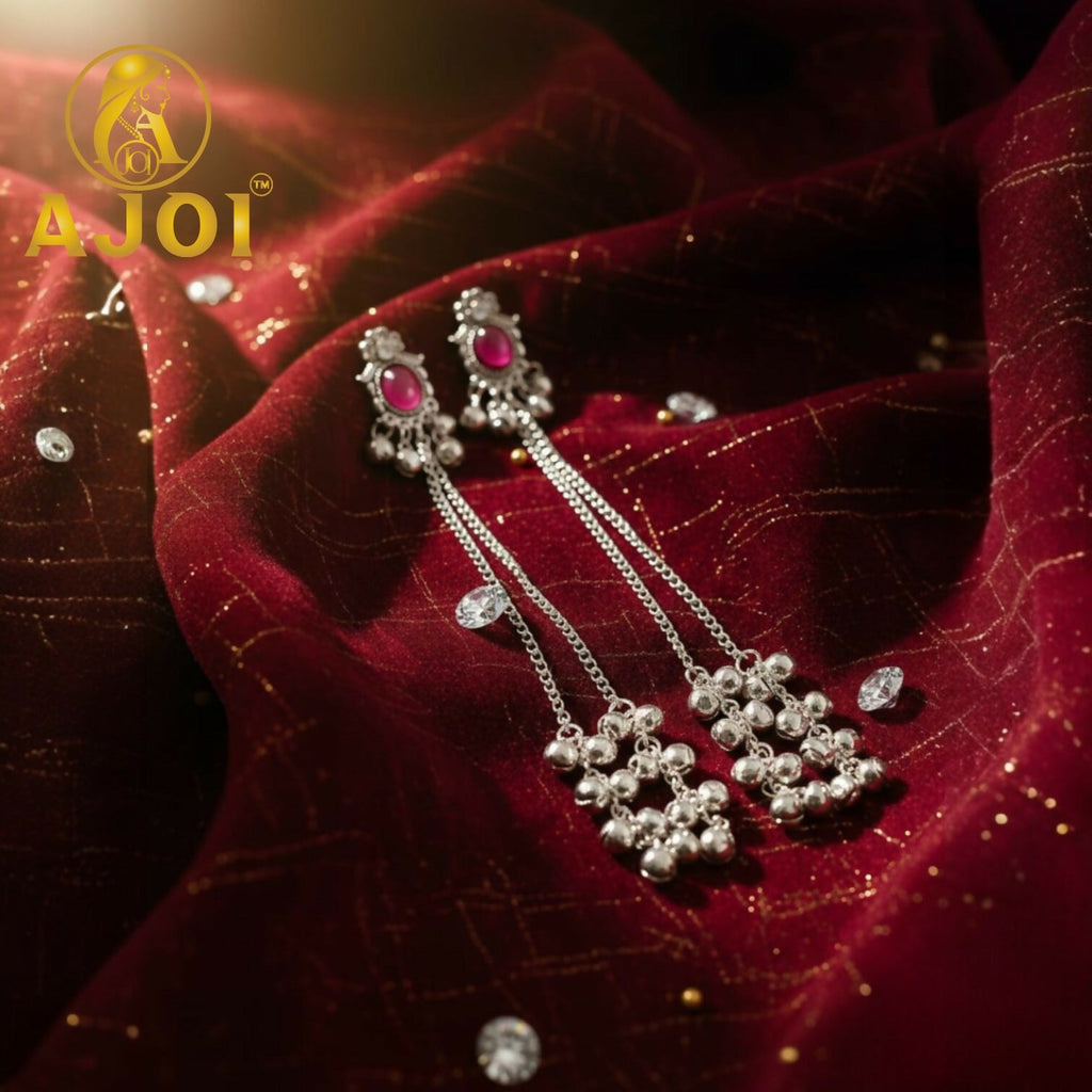Kashmiri Silver-Tone Ruby Chain Drop Earrings – Luxurious Elegance