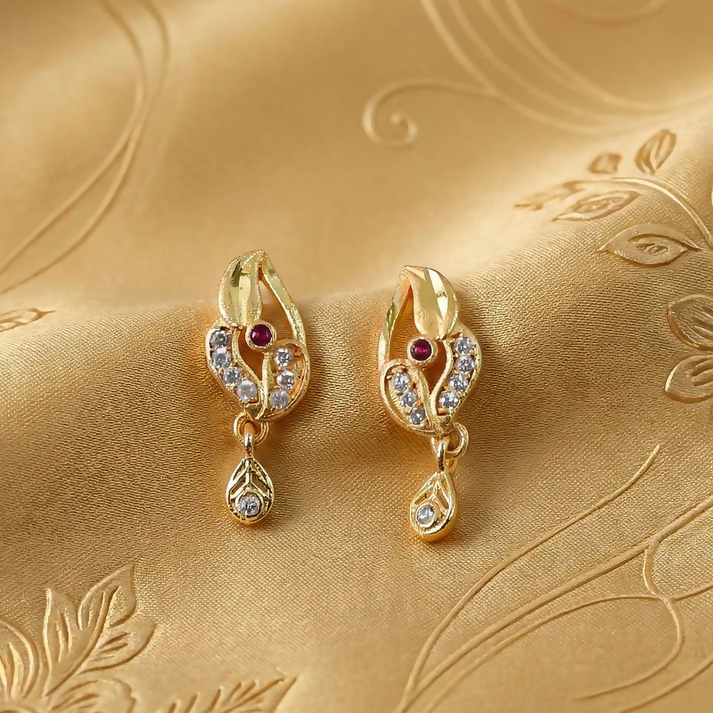 Gold Finish Earrings with Red Stone & Crystal Detailing – Elegant Shine