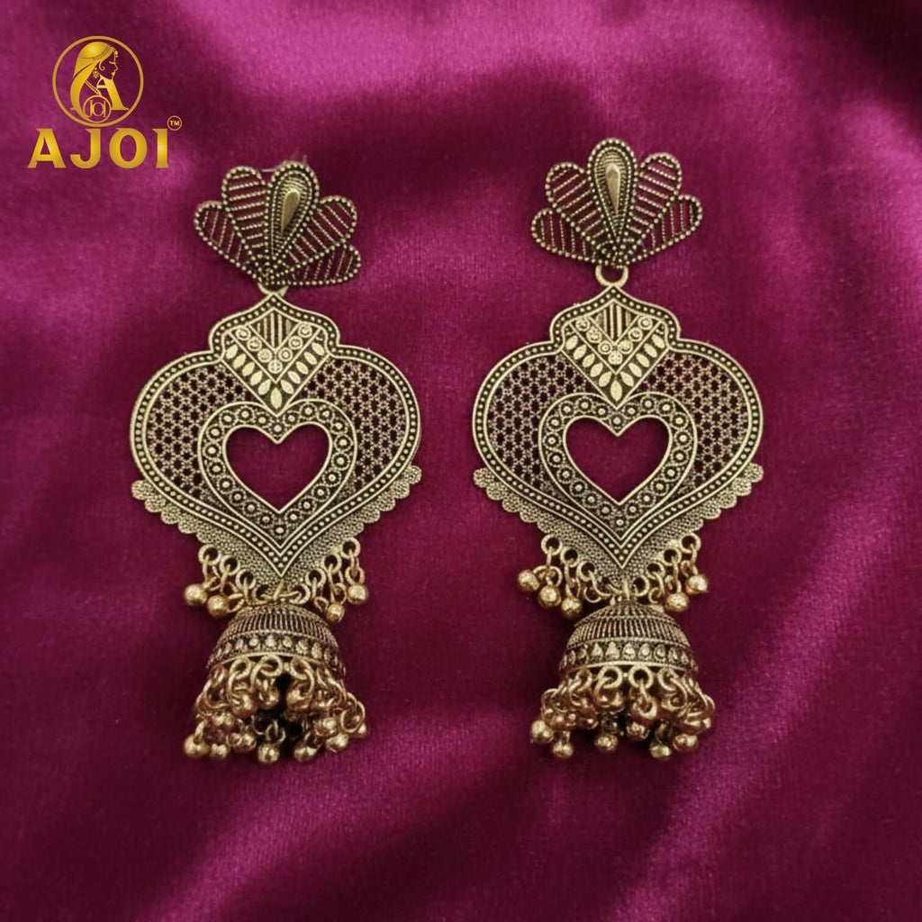 Antique Heart Jhumka Earrings – Premium Gold-Tone Elegant Design
