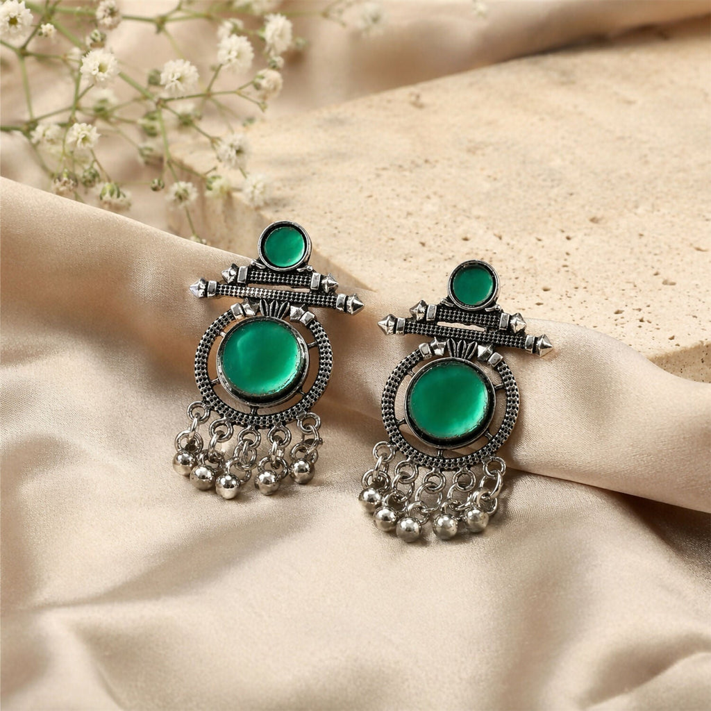 German Silver Green Stone Earrings – Festive & Party Style