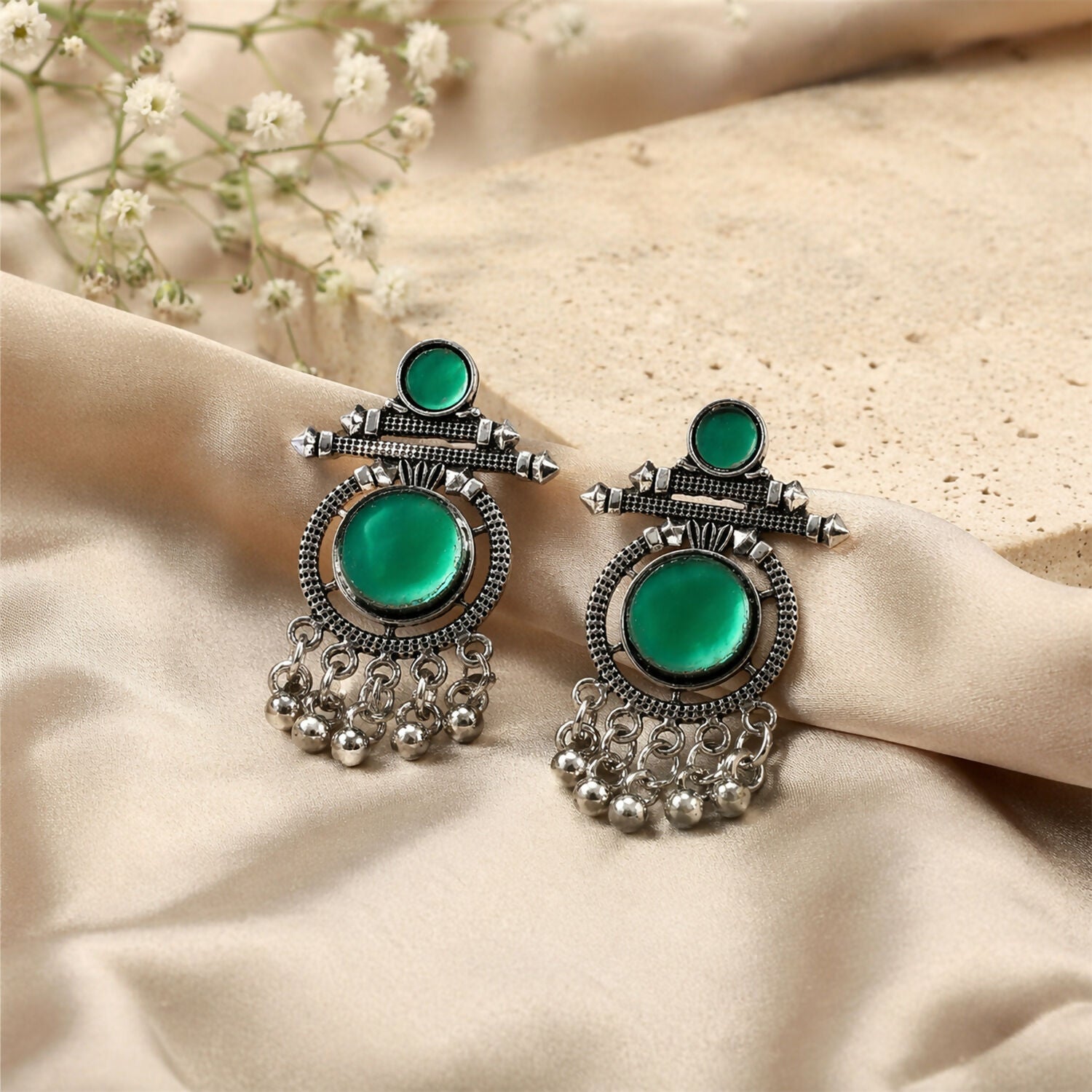 German Silver Green Stone Earrings – Festive & Party Style