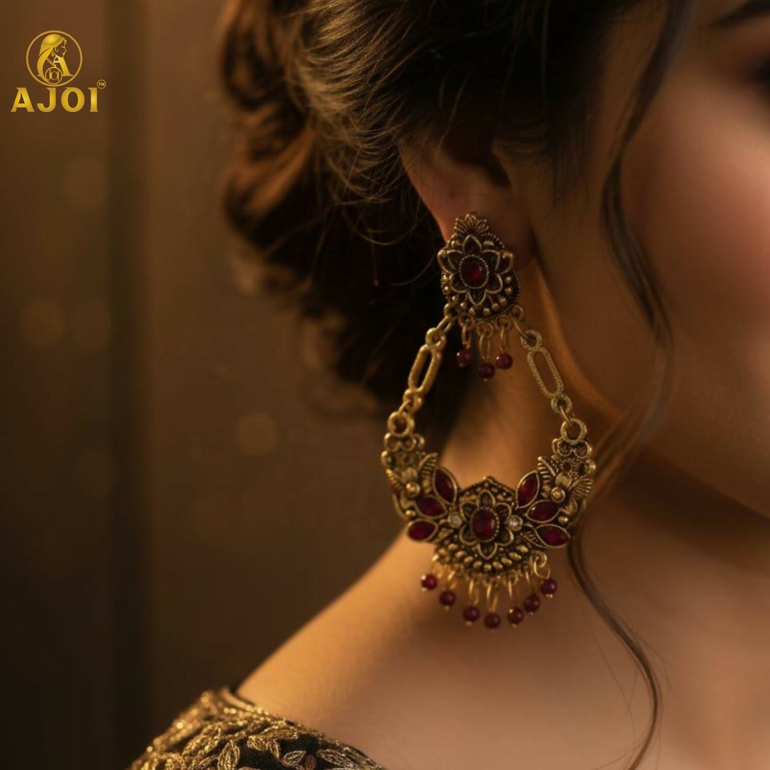 Maroon Floral Chandbali Earrings – Vintage Ethnic Elegance