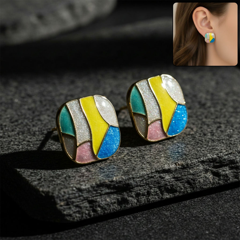Multicolor Enamel Stud Earrings – Korean Style Geometric Design