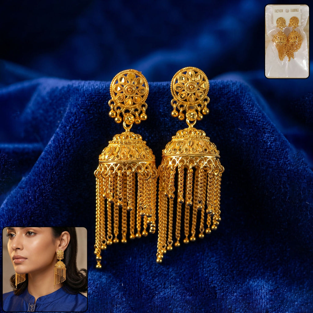 Golden Long Tassel Jhumka Earrings – Traditional Festive Charm