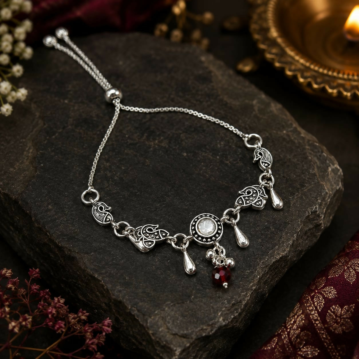 Oxidized Silver Peacock Bracelet with Kundan Stone & Red Bead Charms Adjustable Chain