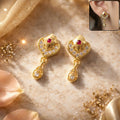Gold Heart Drop Earrings with Ruby & Crystal Accents – Elegant Design