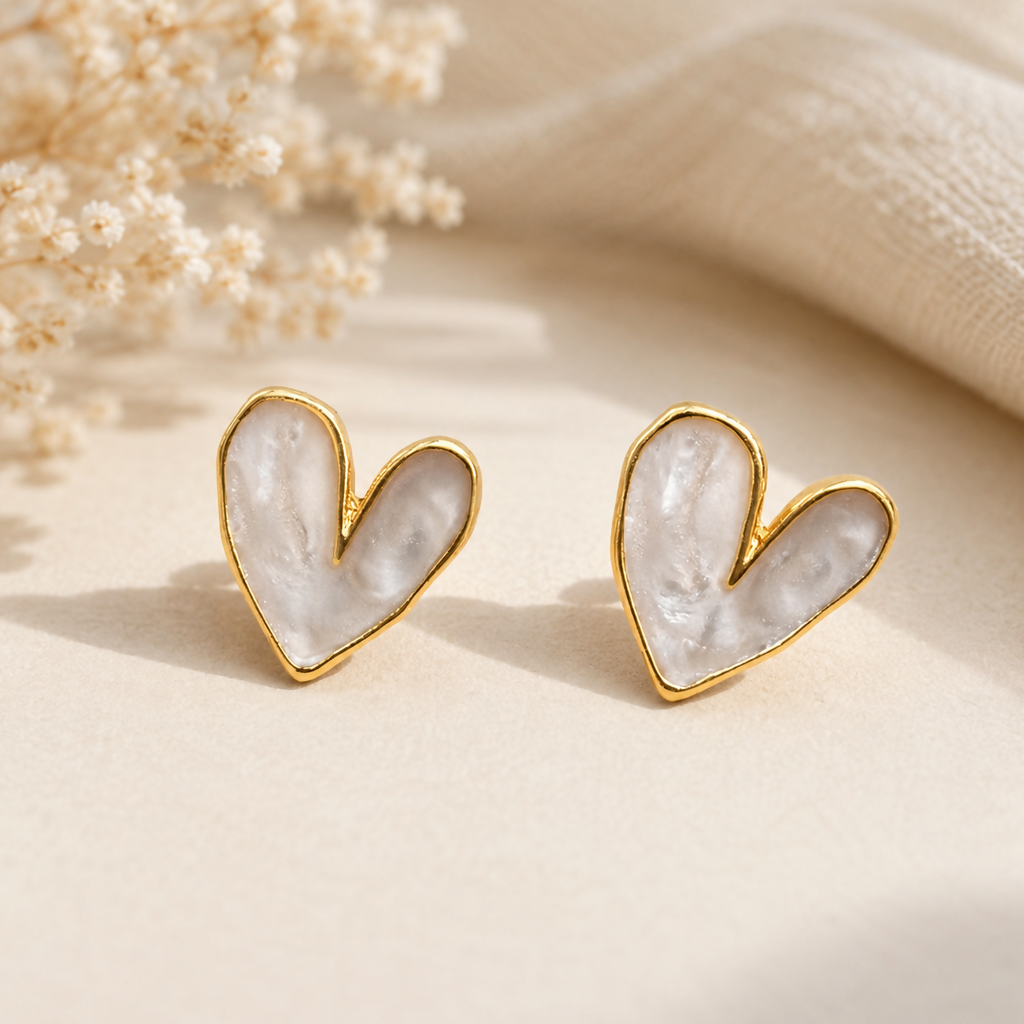 Pearl Heart Stud Earrings – Elegant Gold-Toned Jewelry for Women