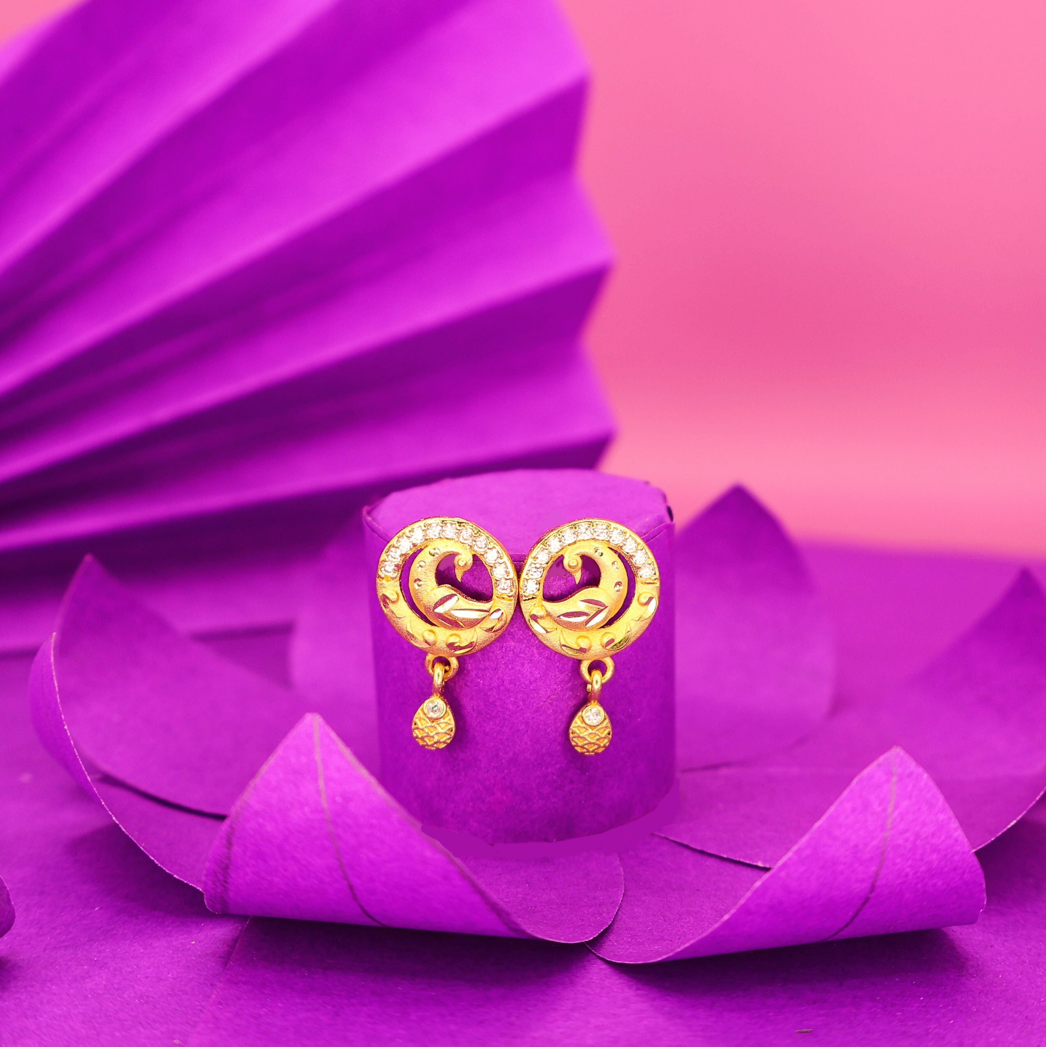 Peacock Gold Stud Earrings – Elegant 22K Gold with AD Sparkle