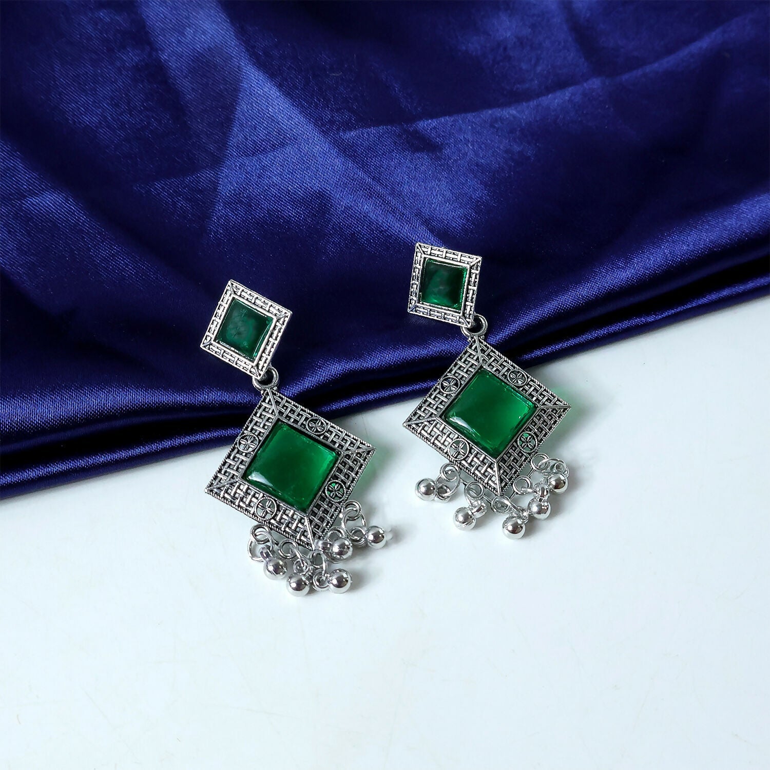 Oxidised Indian Earrings – Traditional Dangler with Green Monalisa Stones