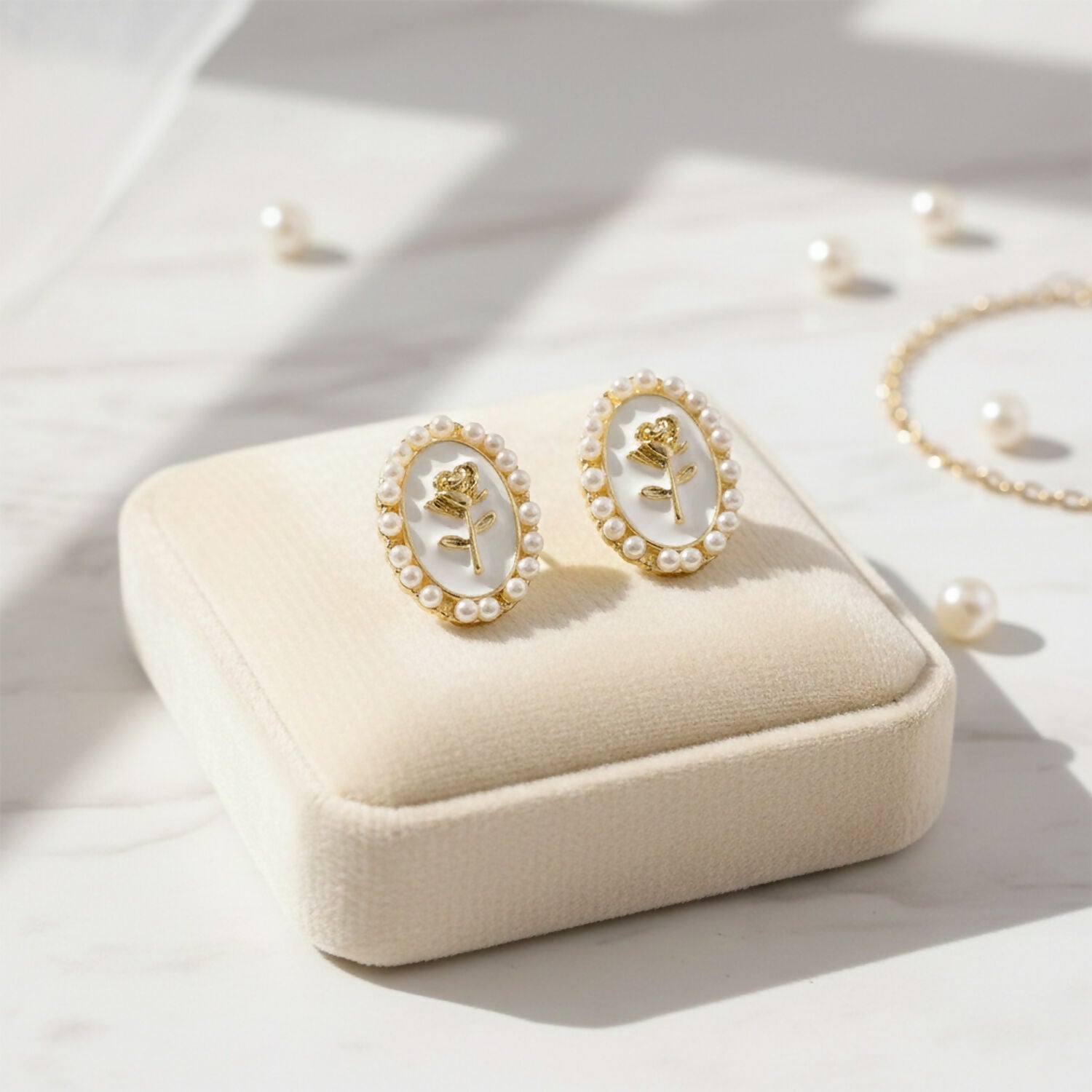Pearl Stud Earrings – Elegant Gold Plated Rose Design for Women