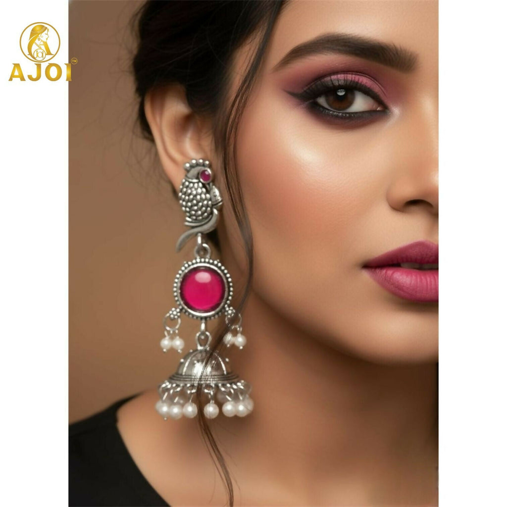 Peacock Jhumka Earrings – Antique Silver with Pink Stone & Pearl Drops