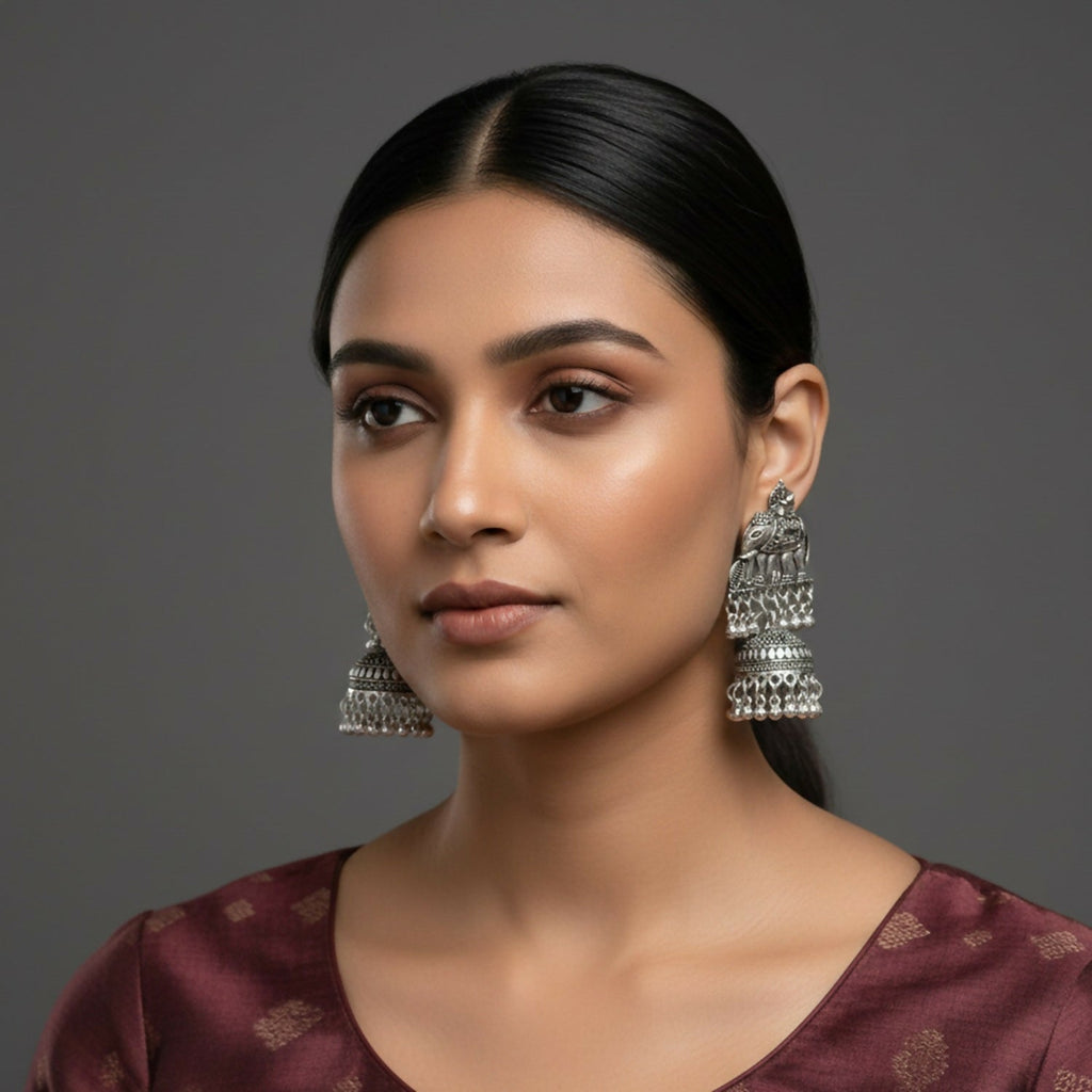 Elephant Jhumka Earrings – Traditional Silver Finish for Ethnic Wear