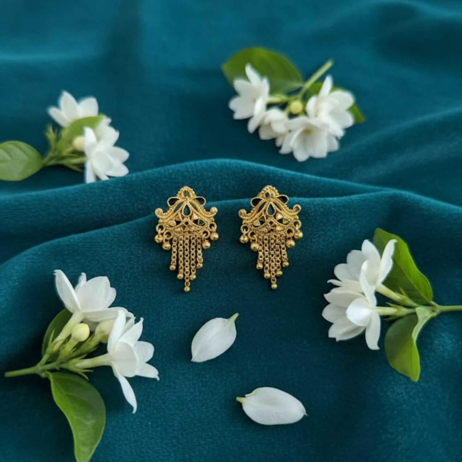 Gold-Plated Jhumka Earrings – Traditional Mina Work with Filigree
