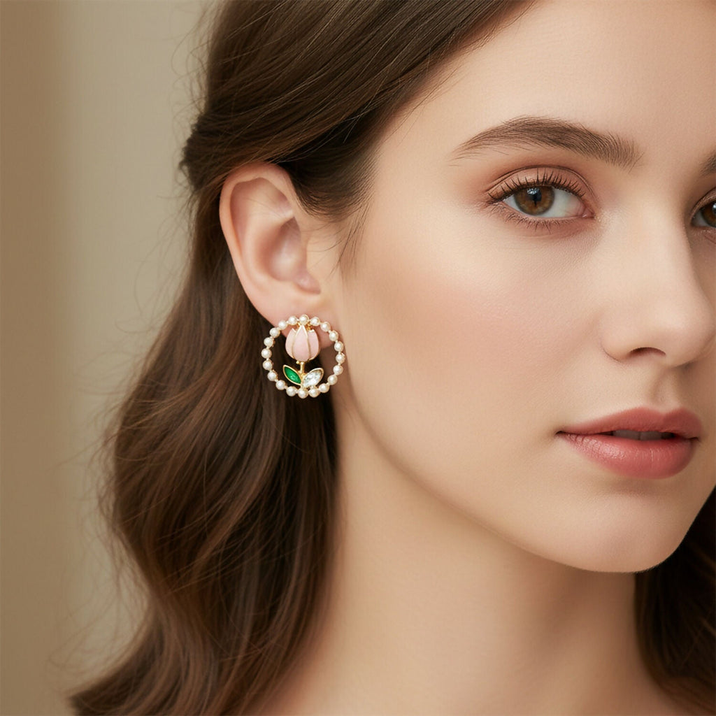 Korean Pearl Floral Stud Earrings – Elegant Rose Design