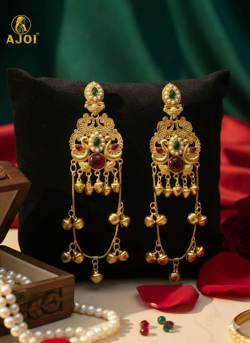 Kashmiri Traditional Gold-Plated Ghungroo Earrings with Green Ruby Stones