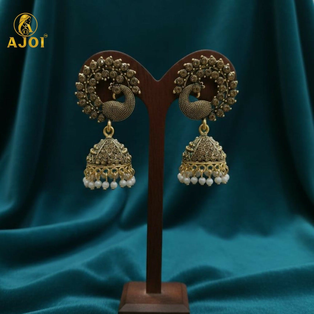 Peacock Design Jhumka Earrings – Antique Grey Elegance