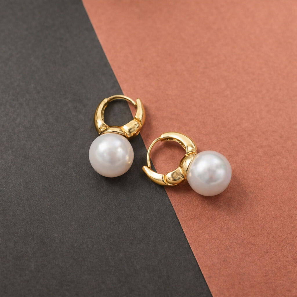 Pearl Huggie Hoop Earrings – Rose-Tinted Gold Plated Design