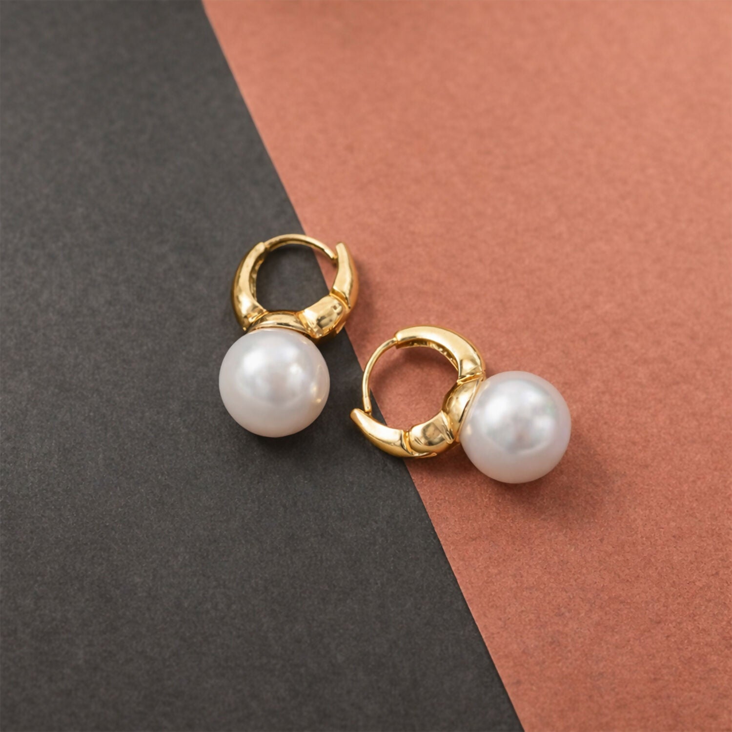 Pearl Huggie Hoop Earrings – Rose-Tinted Gold Plated Design