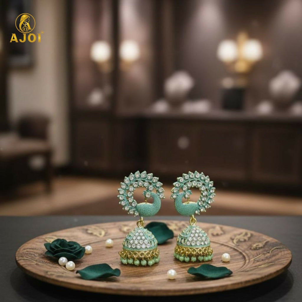 Peacock Stone Jhumka Earrings – Elegant Mint Green Festive Jewelry