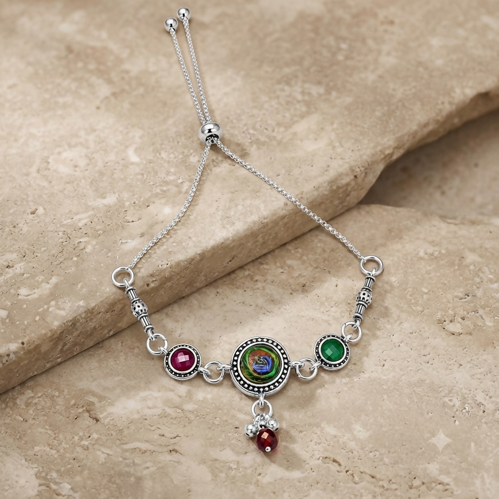 Antique Silver Adjustable Bracelet featuring Peacock Eye Cabochon, Maroon & Green Side Stones, & Bead Dangles