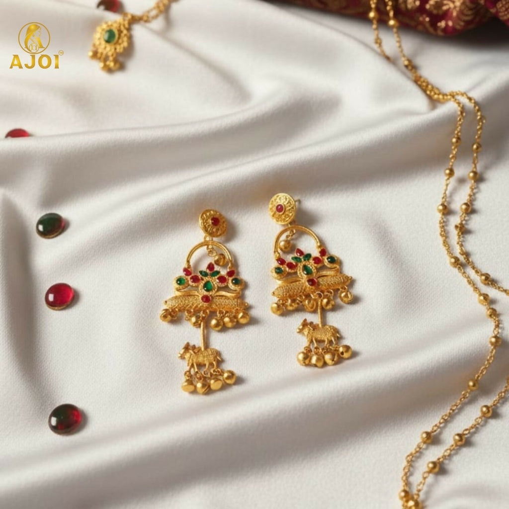 Antique Gold-Plated Tribal Drop Earrings With Red Green Stones