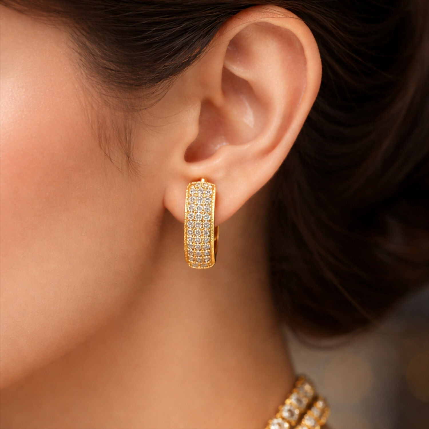 Gold-Tone Hoop Earrings with Crystal Detailing – Elegant Pave Design