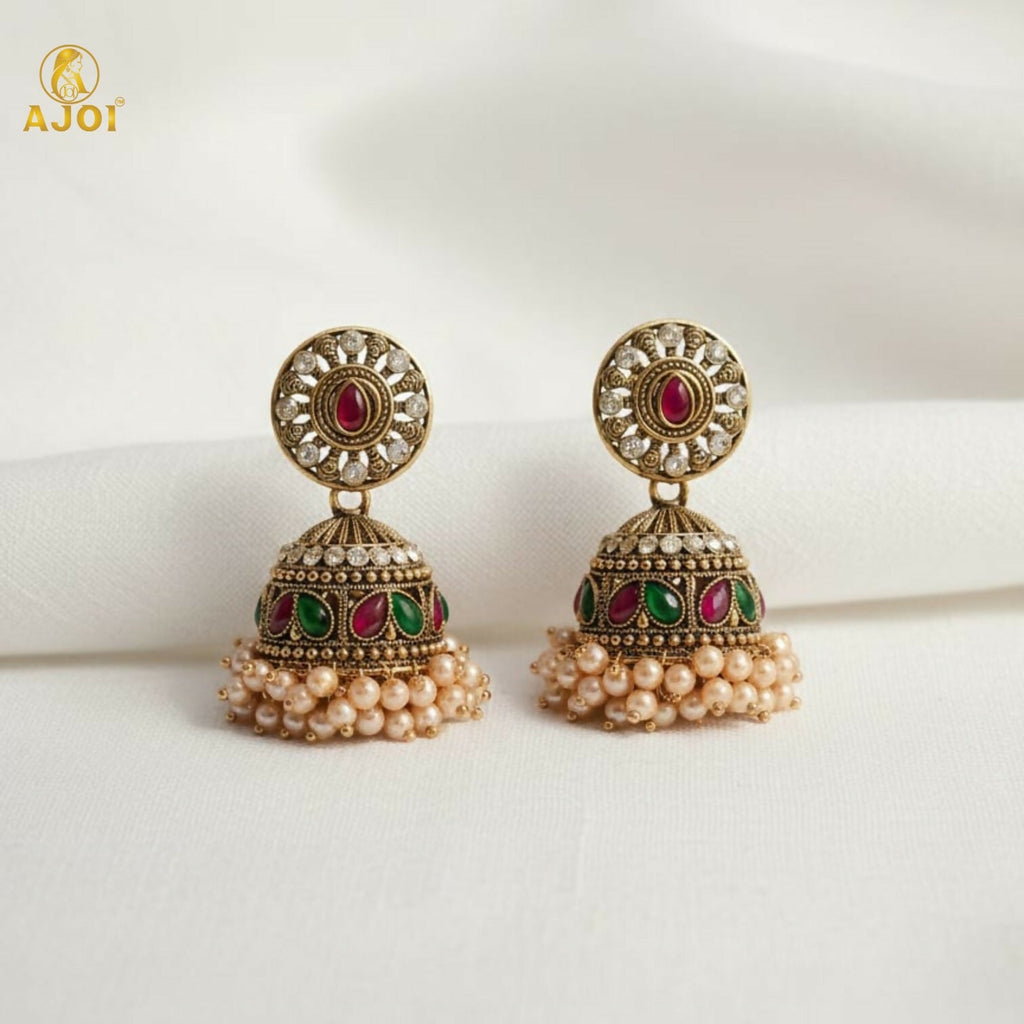 Antique Gold Pearl Drop Jhumka Earrings – Elegant Green & Pink Stones