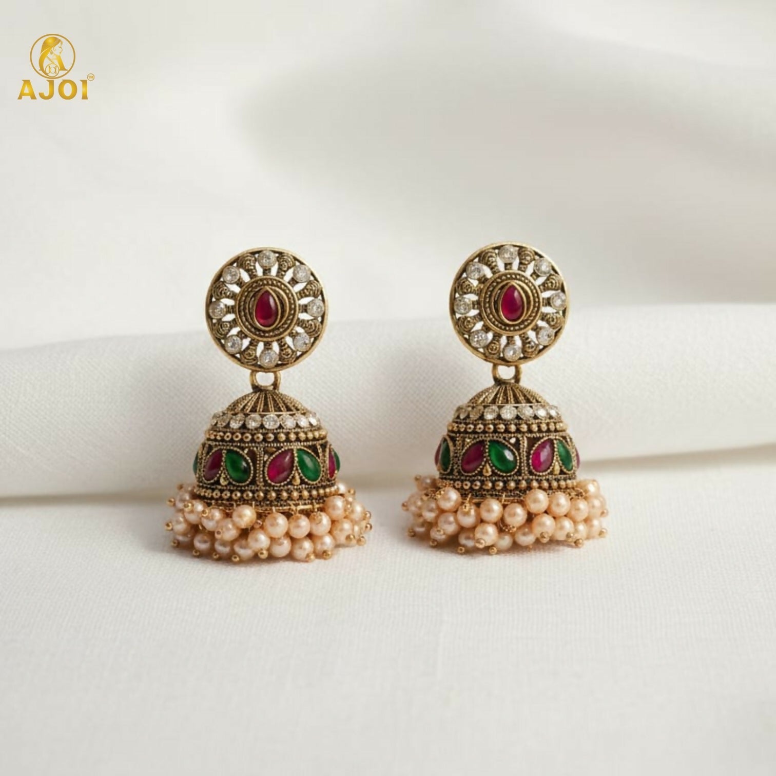 Antique Gold Pearl Drop Jhumka Earrings – Elegant Green & Pink Stones