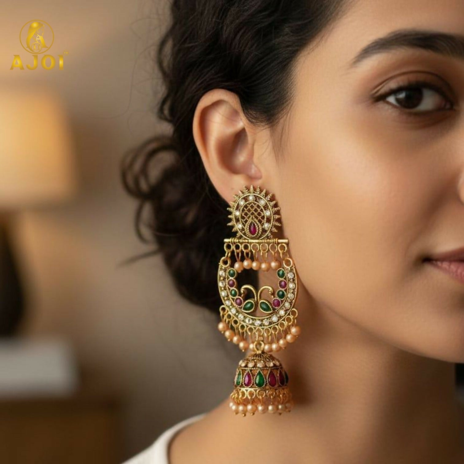 Peacock Motif Antique Gold Finish Chandbali Earrings – Royal Elegance