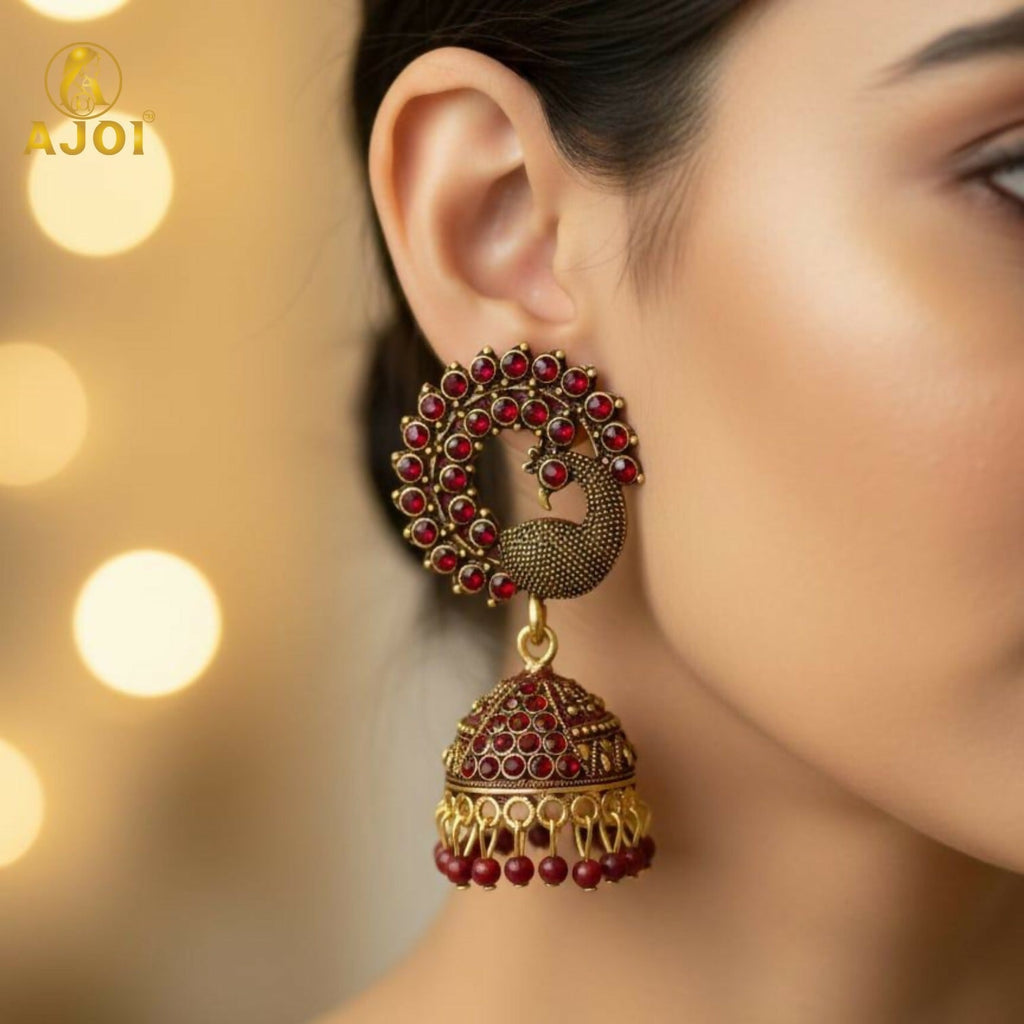 Peacock Jhumka Earrings – Royal Maroon Antique Gold Finish
