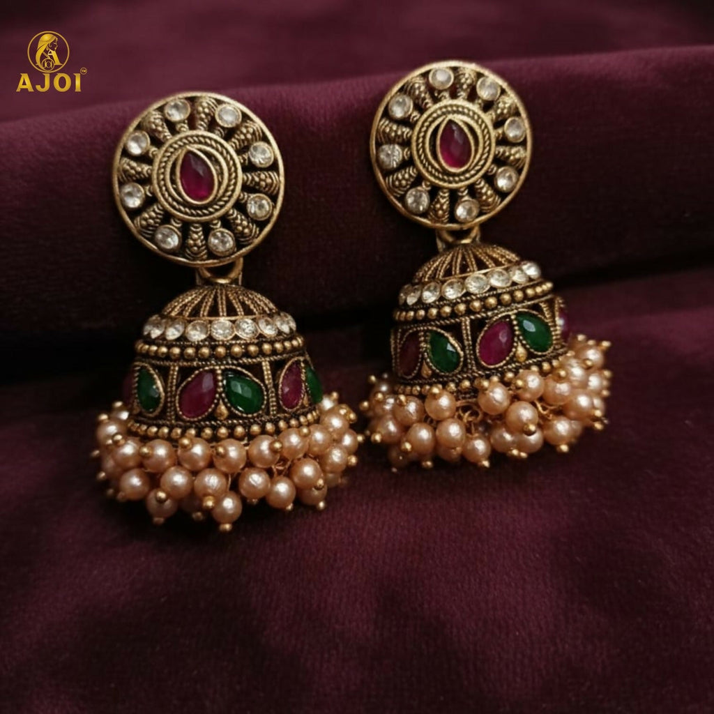 Antique Gold Pearl Drop Jhumka Earrings – Elegant Green & Pink Stones
