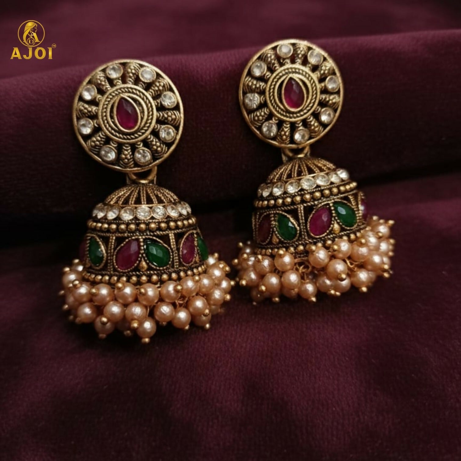 Antique Gold Pearl Drop Jhumka Earrings – Elegant Green & Pink Stones