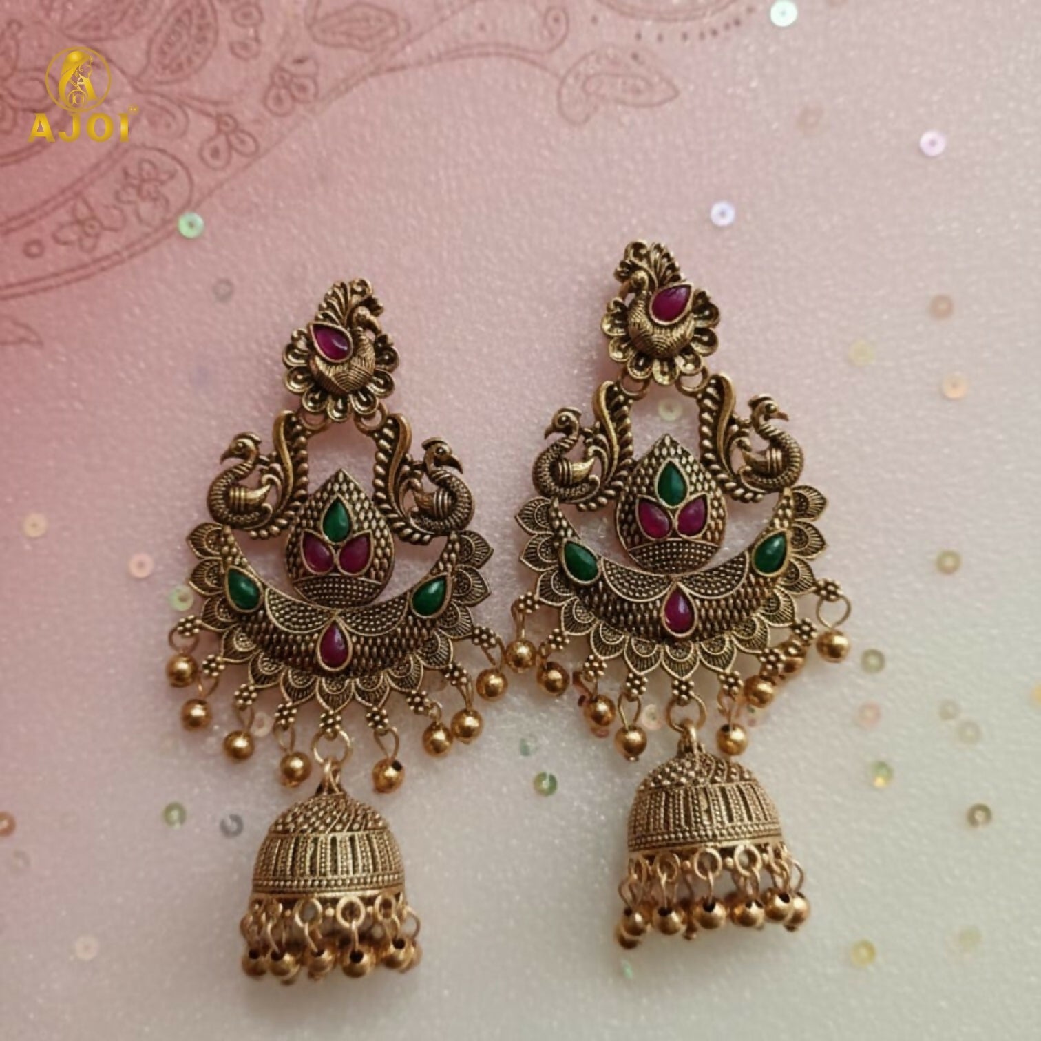 Peacock Jhumka Earrings – Gold Plated with Green & Pink Stones