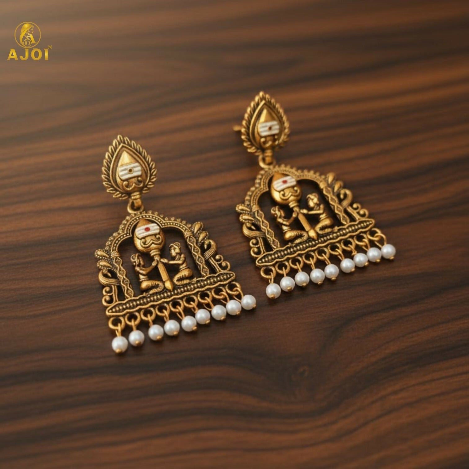 Gold-Tone Temple Jhumka Earrings with Pearl Danglers – Elegant Ethnic Design