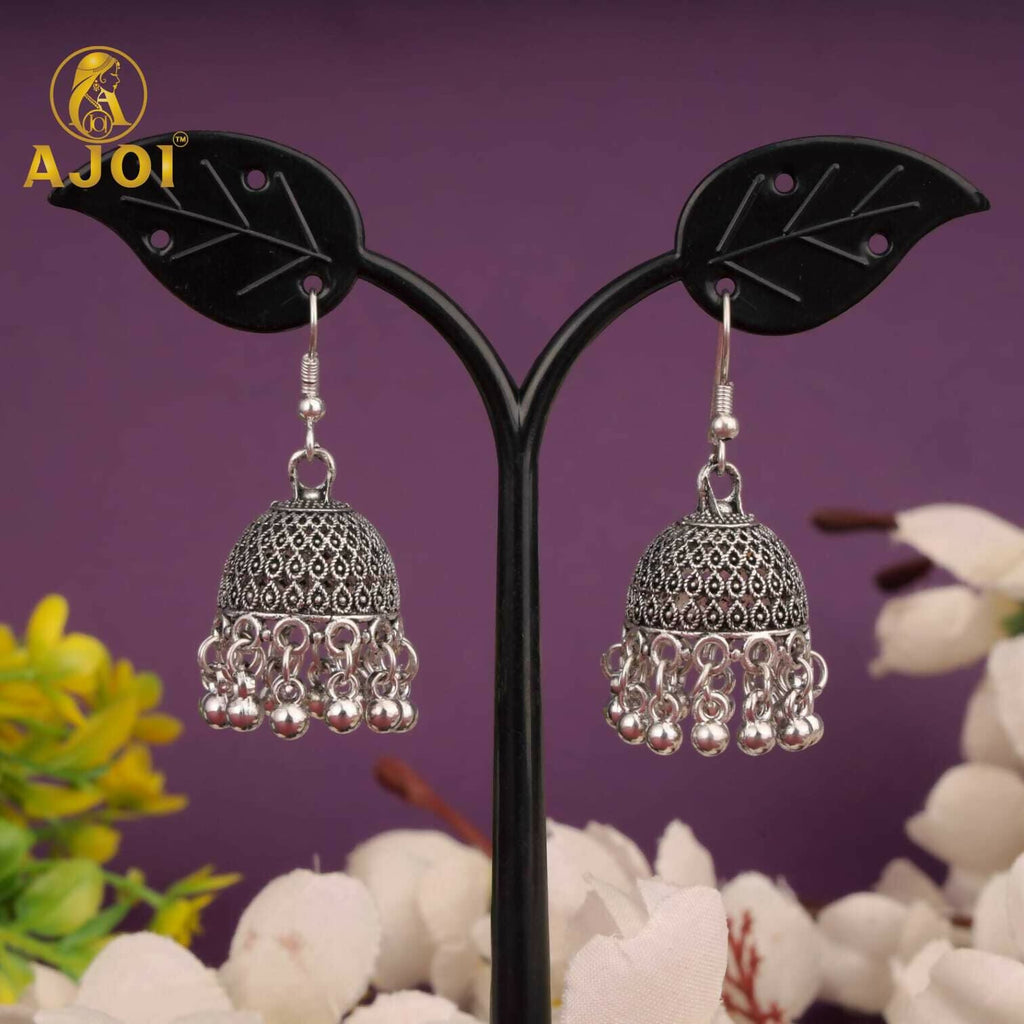Oxidised Silver Jhumka Earrings Set - Pearl & Beaded Combo