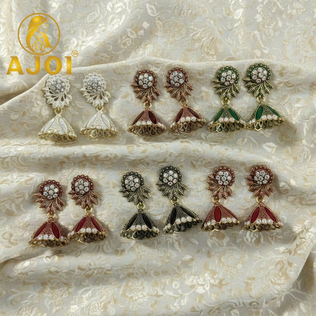 Stone & Enamel Earrings Set – Elegant Floral Jhumka Collection
