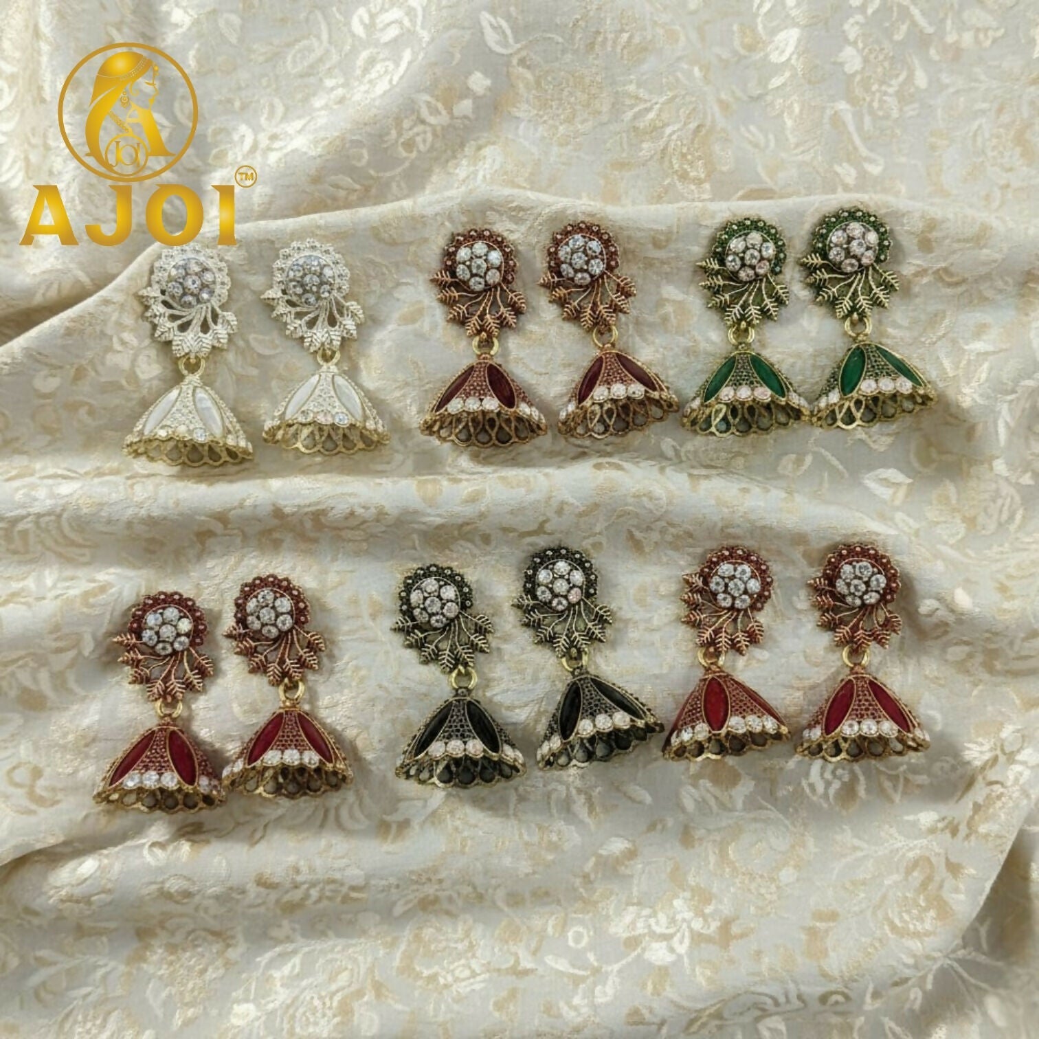 Stone & Enamel Earrings Set – Elegant Floral Jhumka Collection