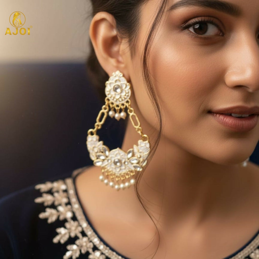 Chandbali Earrings – Antique Gold with White Stones & Pearls
