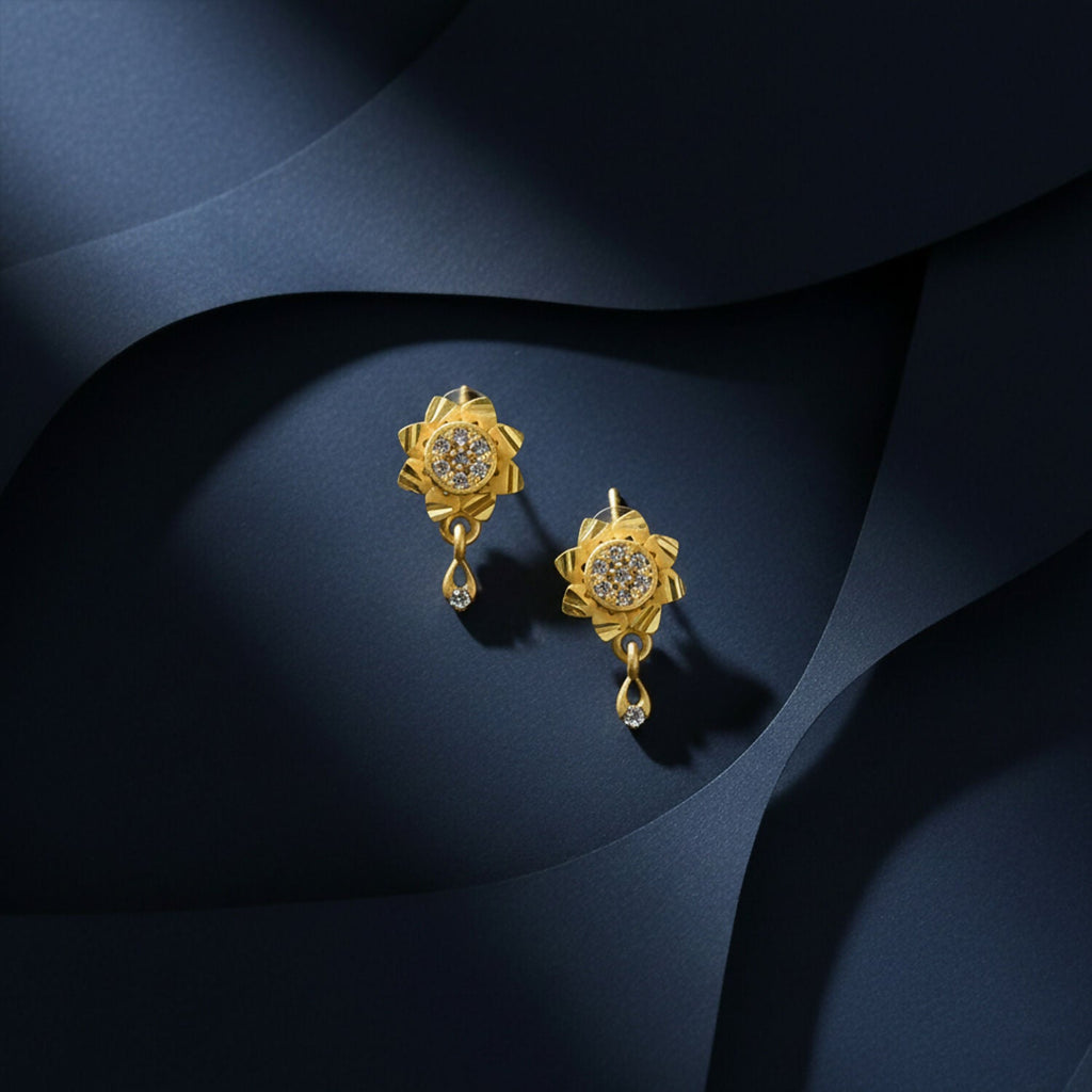 Gold Finish Drop Earrings – Floral Design with Sparkling Stones
