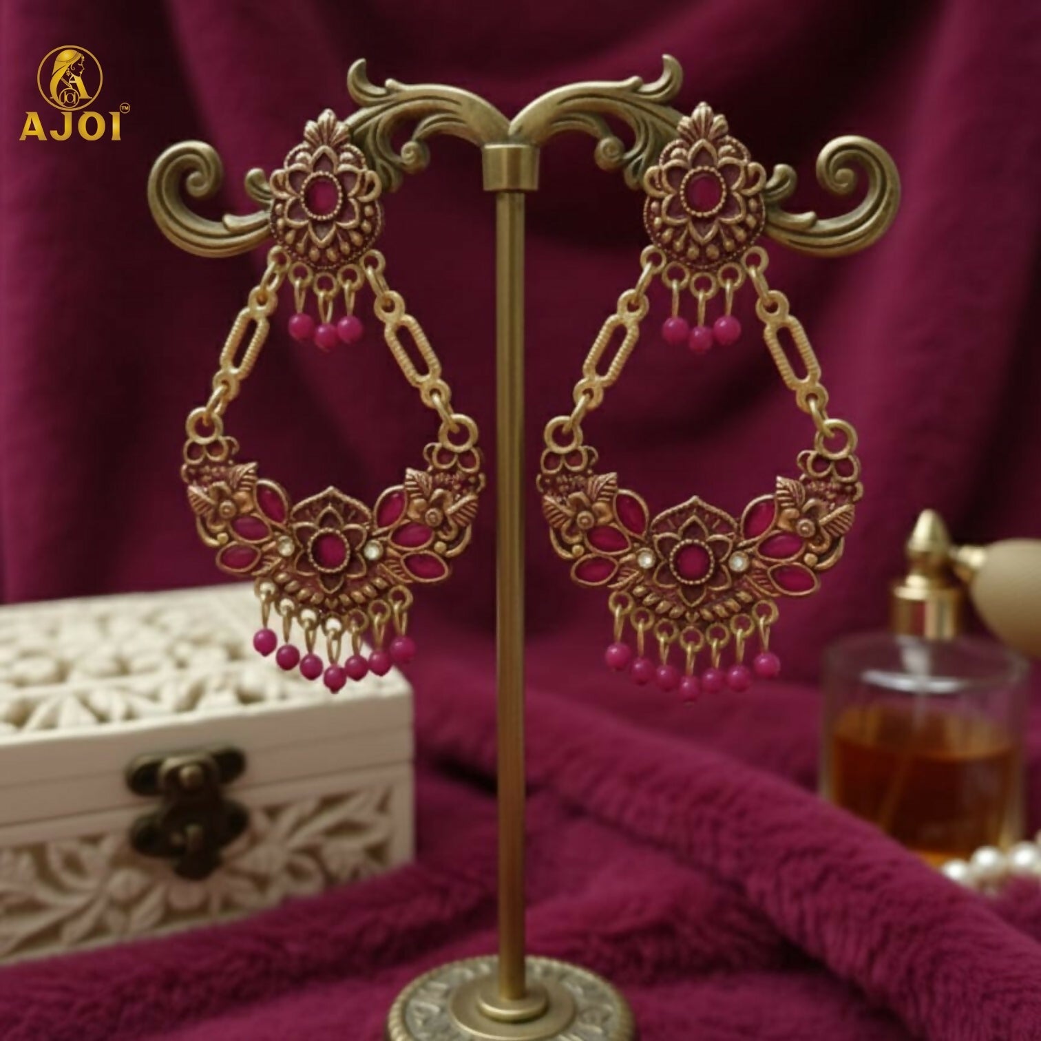 Gold-Plated Floral Chandbali Earrings with Pink Stones – Elegant Ethnic Jewelry