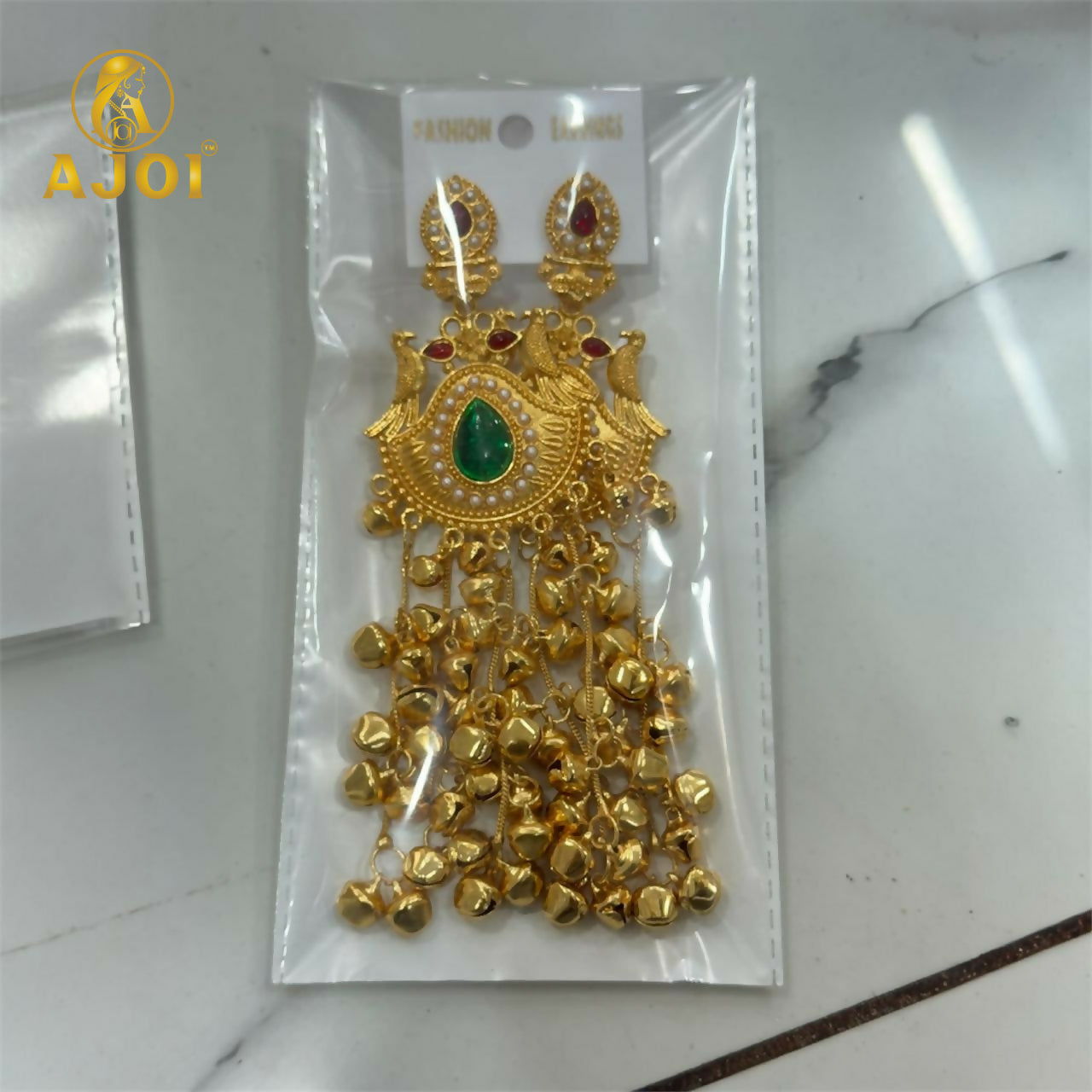 Kashmiri Gold-Plated Jhumka Earrings – Elegant Green Stone & Ghungroo