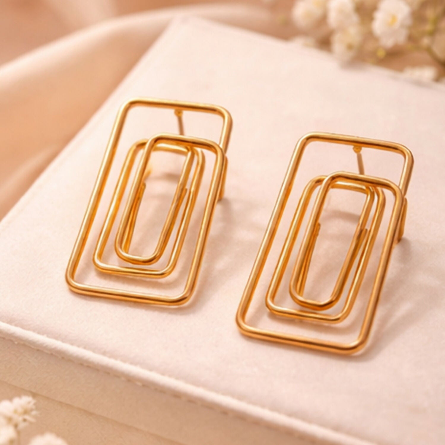 Gold Finish Geometric Rectangle Earrings – Lightweight Modern Fashion