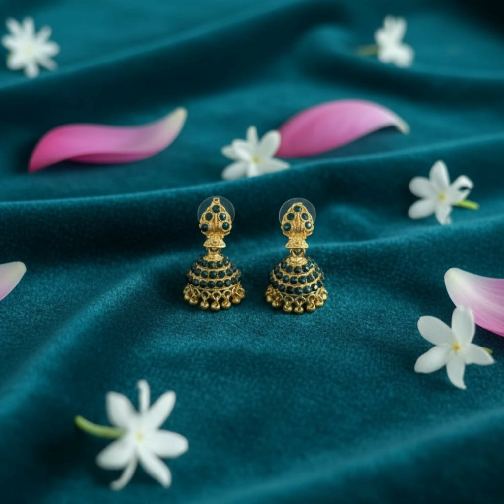 Golden Jhumka Earrings – Antique Style with Enamel Detailing