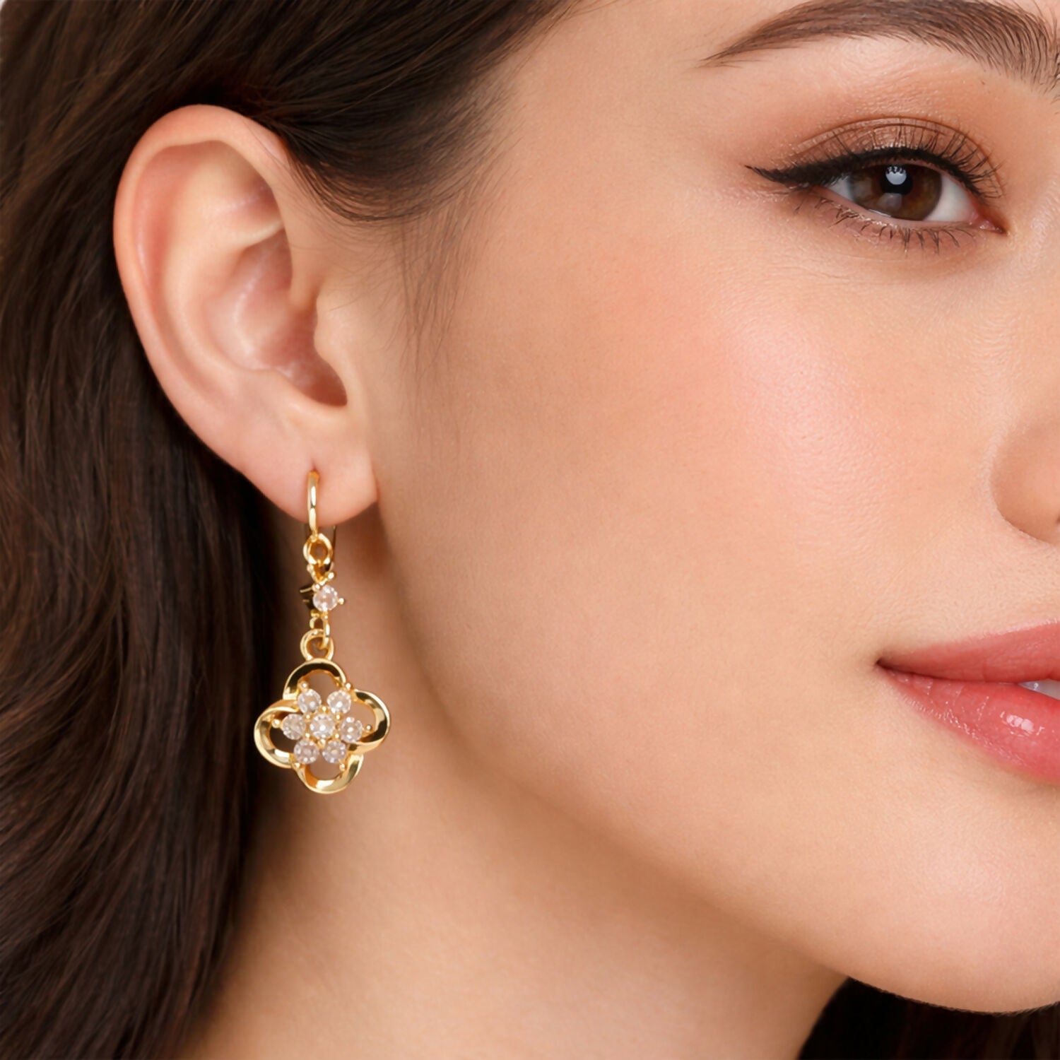Gold-Tone Crystal Floral Hoop Earrings – Elegant Drop Design