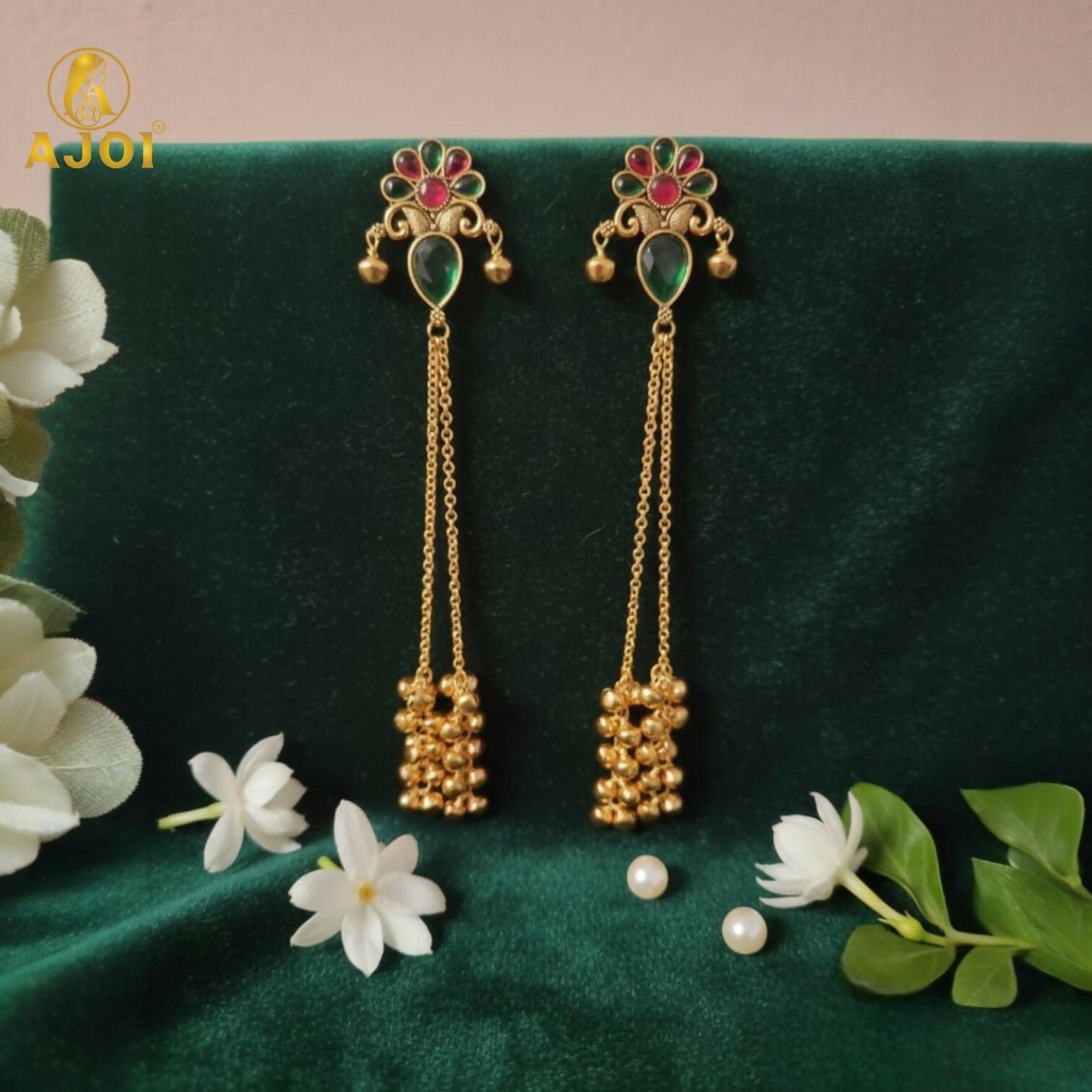 Kashmiri Gold Plated Floral Long Latkan Earrings – Elegant Ethnic Style