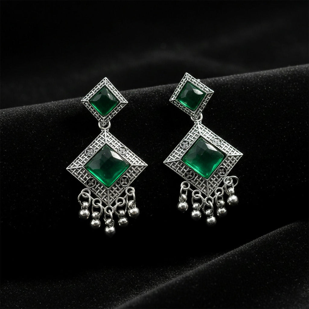 Oxidised Indian Earrings – Traditional Dangler with Green Monalisa Stones