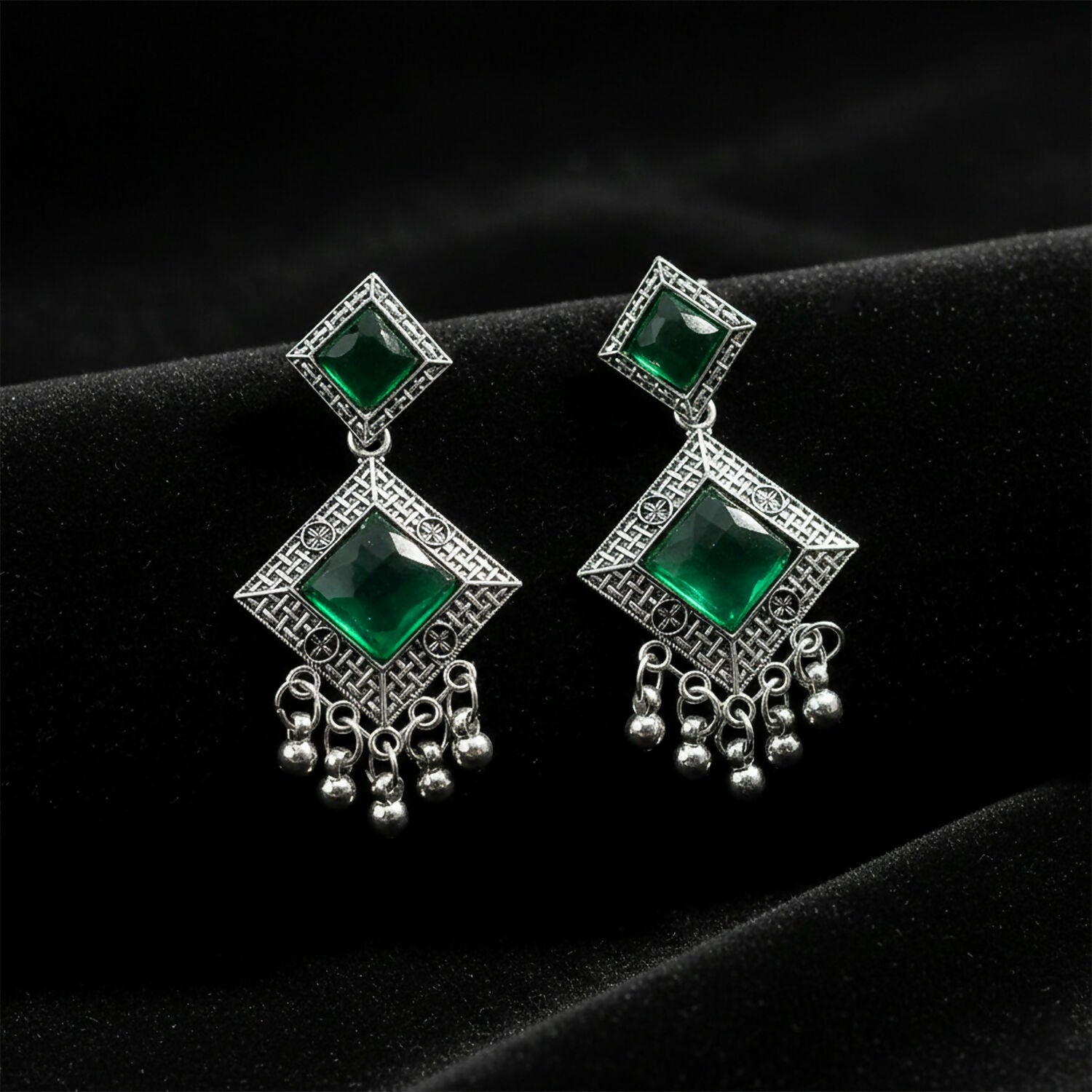 Oxidised Indian Earrings – Traditional Dangler with Green Monalisa Stones